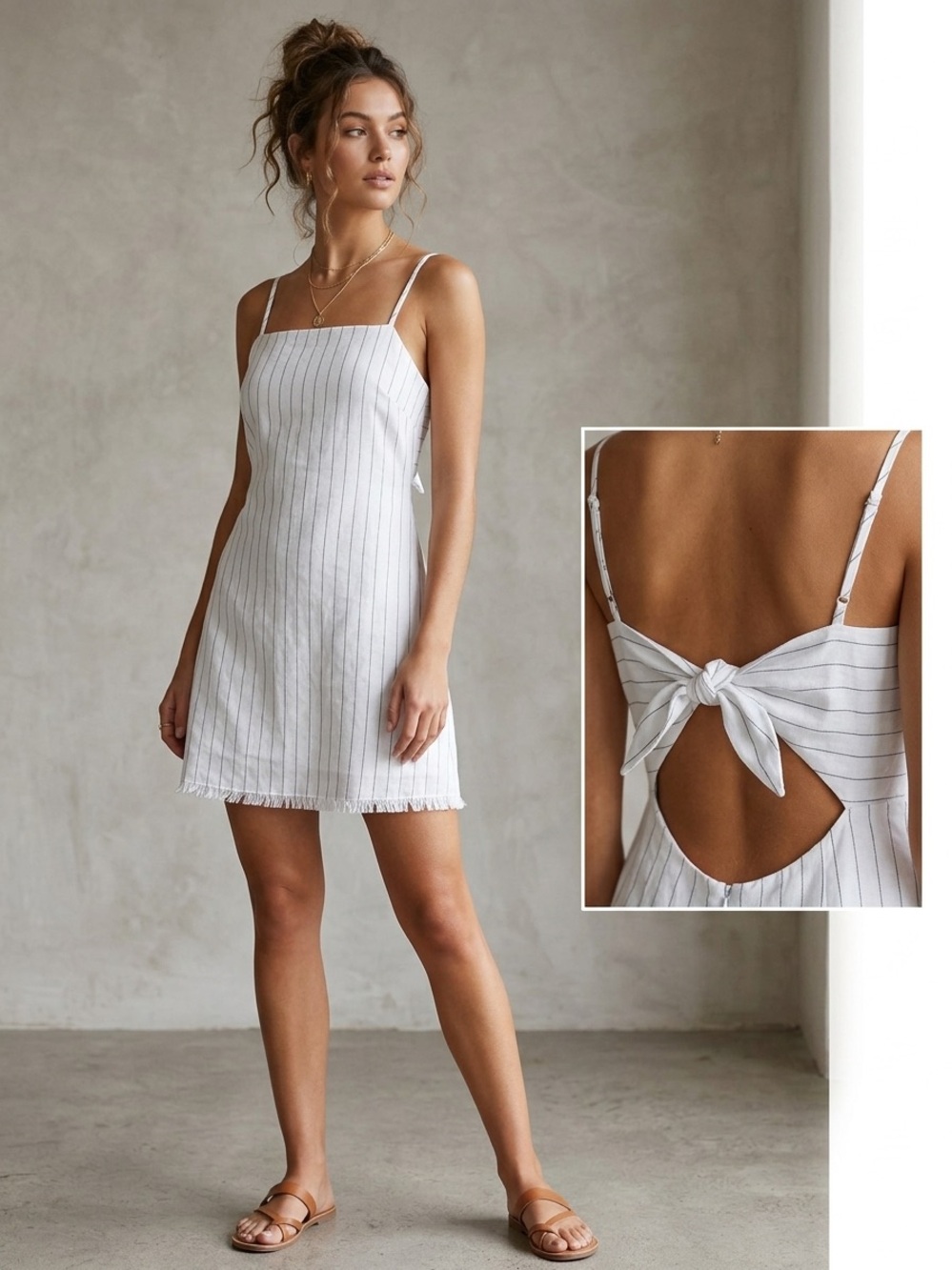 CAGE White Vertical Stripe Mini Dress Size M Tie Back Cutout Raw Hem Summer Chic